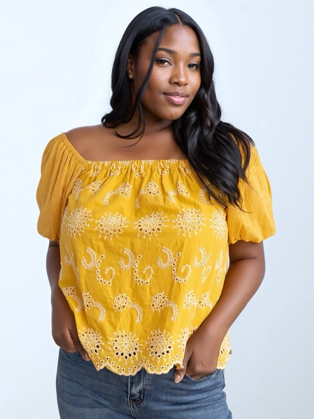NWT Off-Shoulder Eyelet Blouse in Mustard Yellow by Grace + Emma Sizes M, 3X